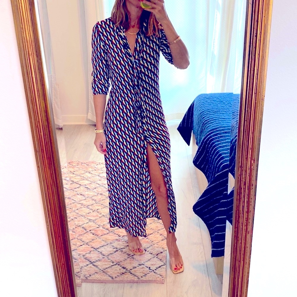 70’s/80’s inspired geometric print button front dress with neck tie